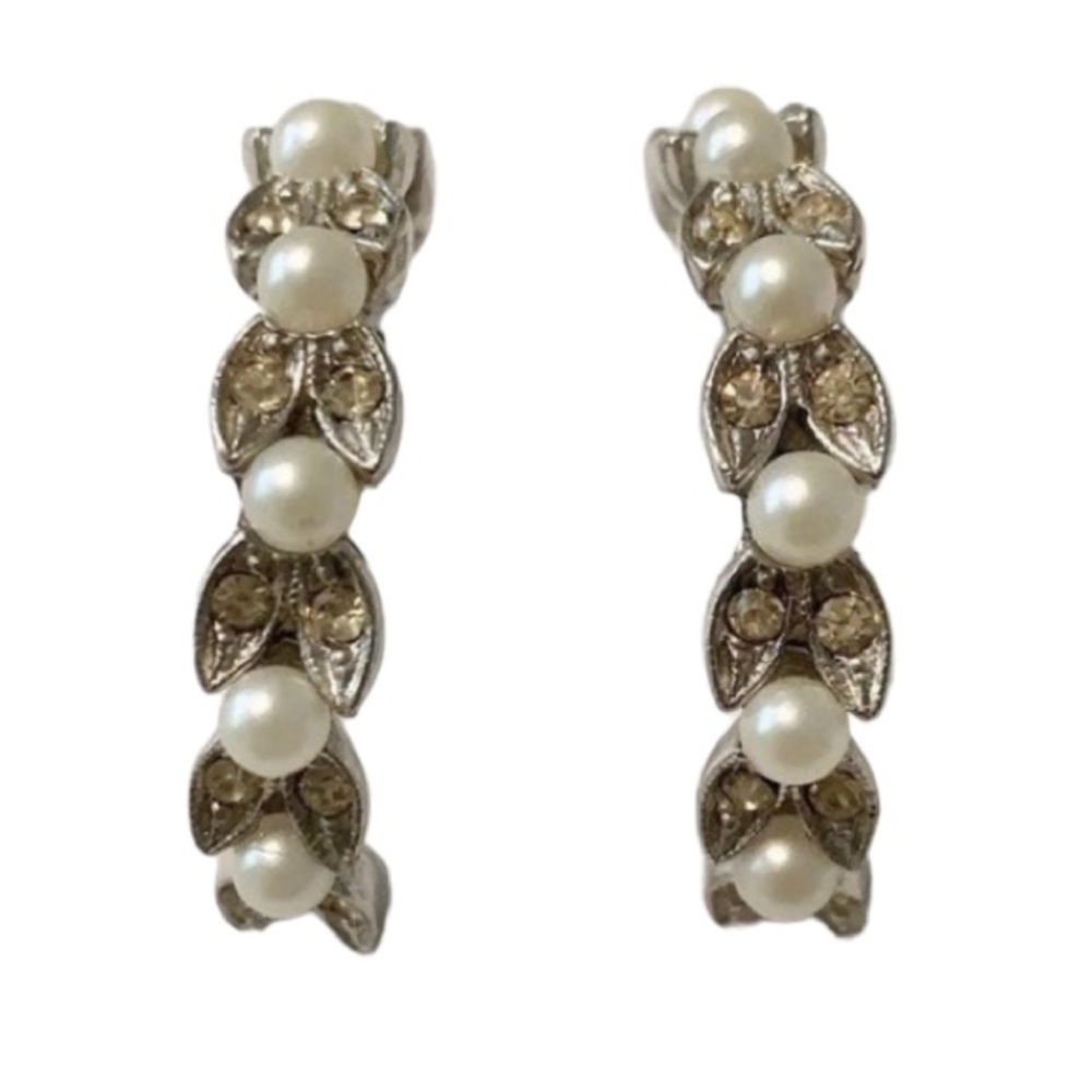 Vintage silver costume pearl crescent hoop earrings